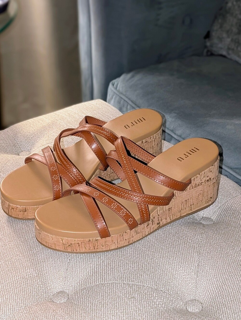 Cognac Brown Multi Strappy Cork Platform Wedge Sandals Size 11 NWOT